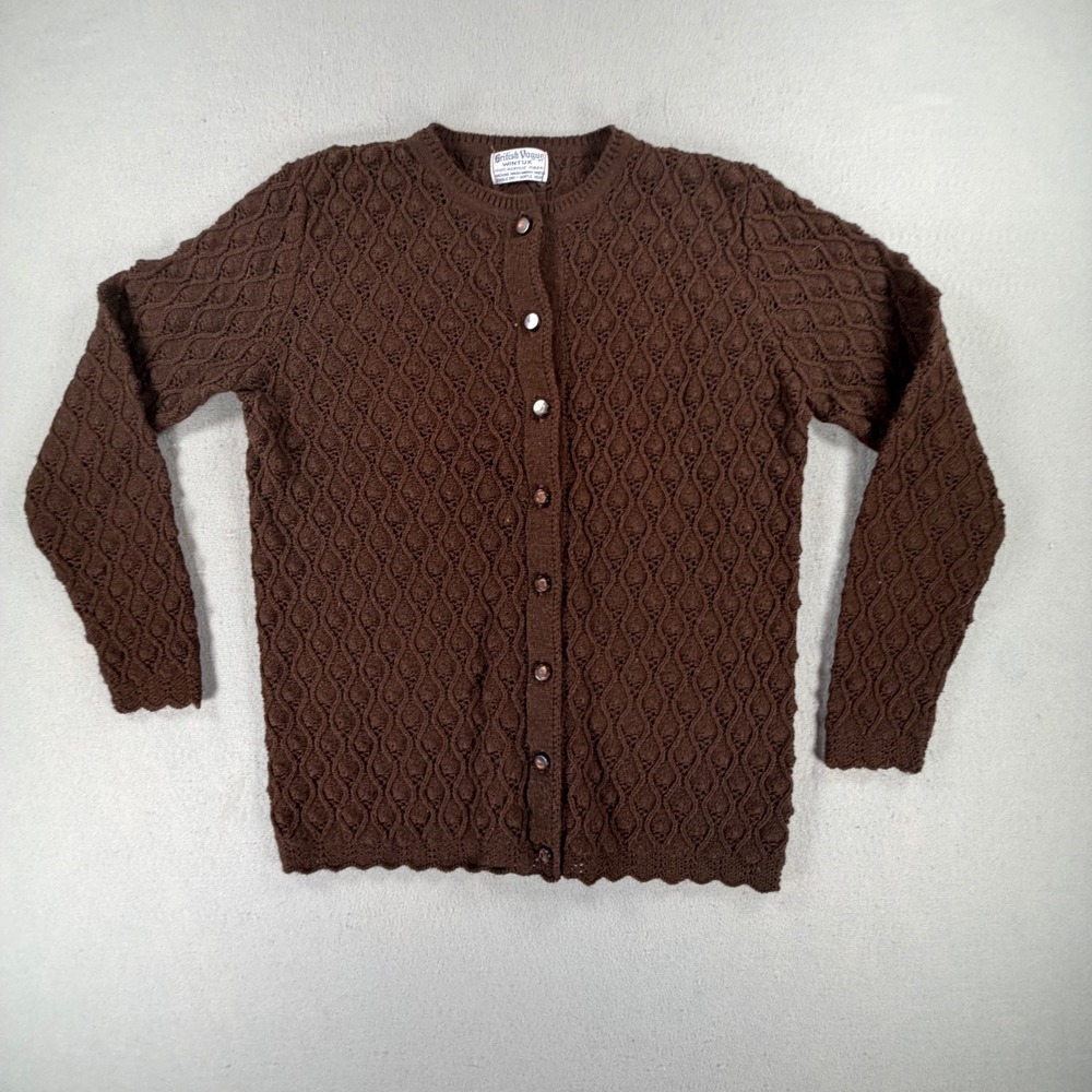 Vintage British Vogue Womens M Brown Acrylic Cable Knit Cardigan Sweater 60s 70s